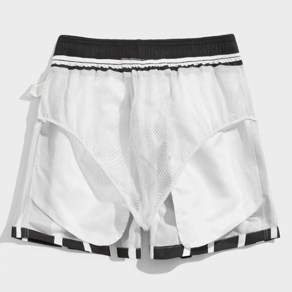 Black Vacation Style Striped Men's Swim Trunks - Picture 6 of 6